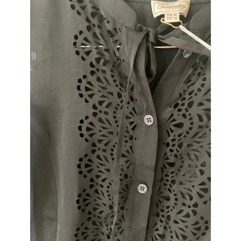 Temperley London Women's Black Jacques Tie Button Front Blouse Top 12 Eyelet - Picture 5 of 13